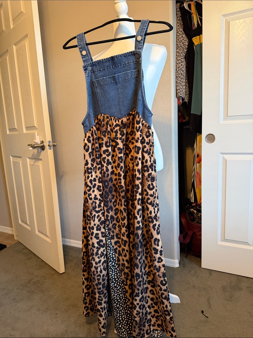 Girls Denim Pinafore Dress with Brown Leopard Skirt
